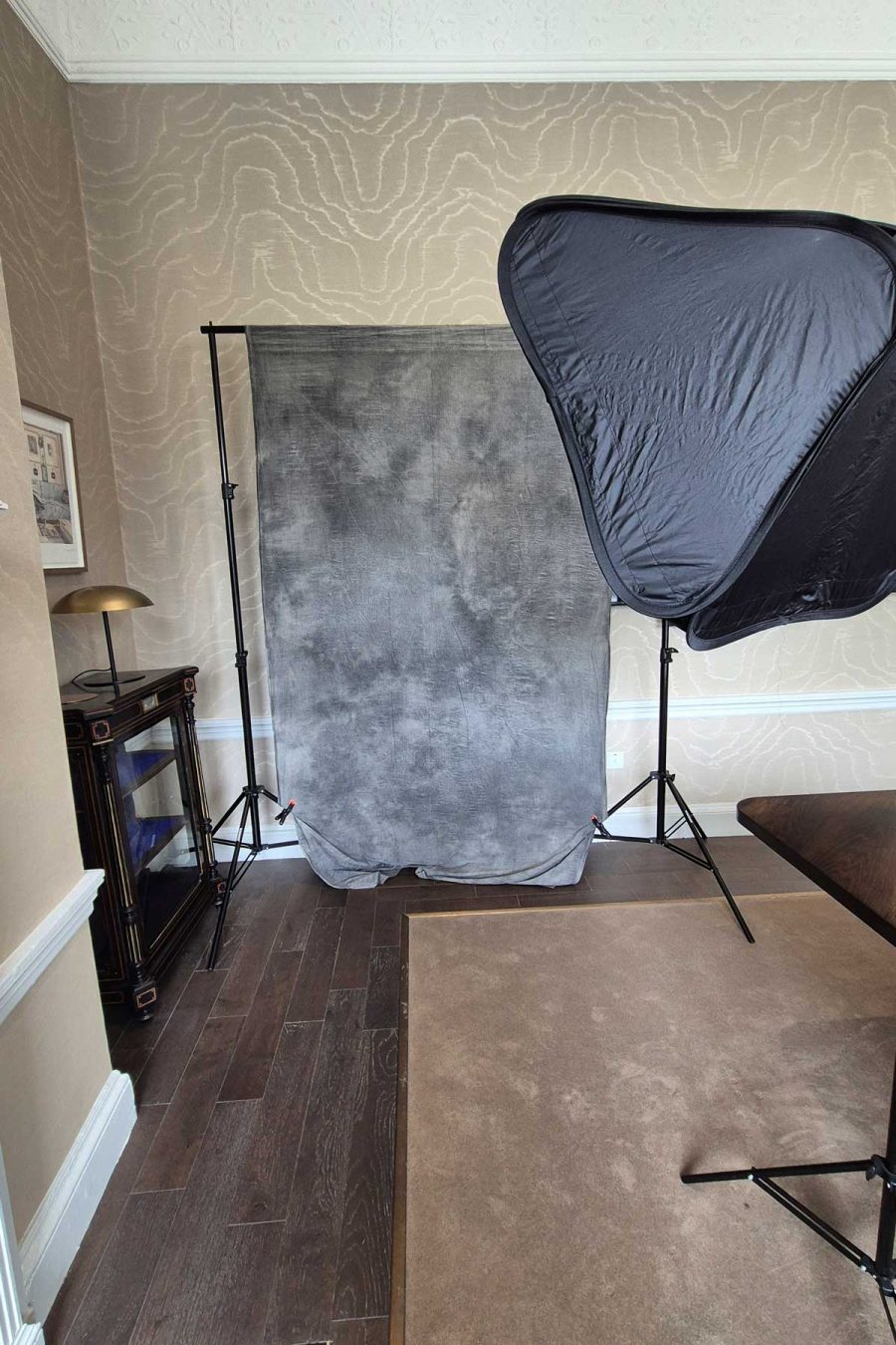 Lighting and backdrop set up on location